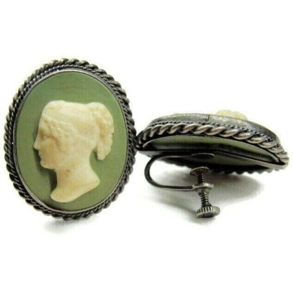 Green & White Cameo Vintage Sterling Silver Screw Back Earrings Patina - Picture 2 of 9